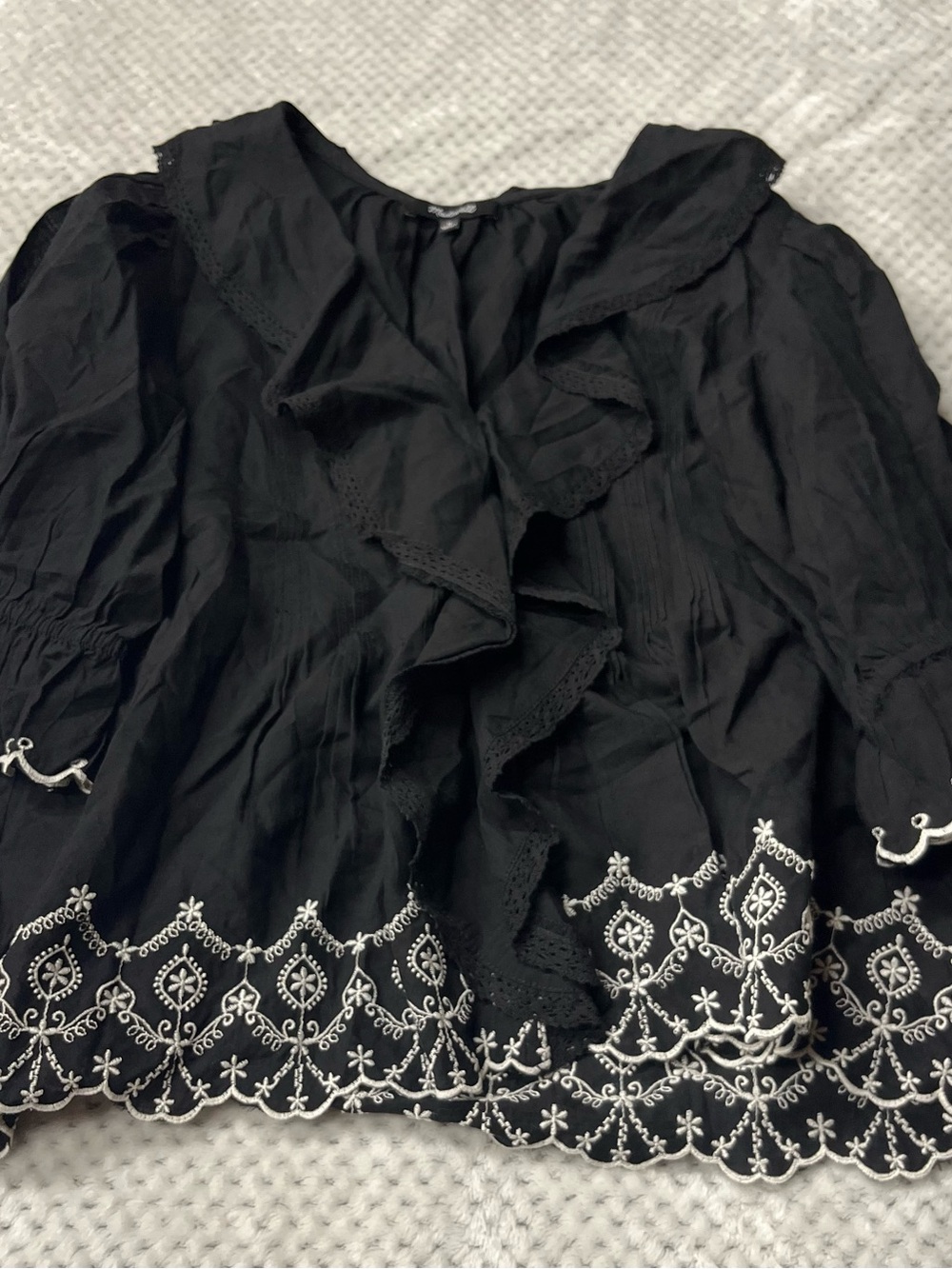 Madewell Black Ruffle Front Blouse with White Embroidery